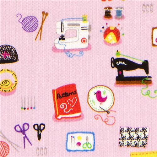pink designer fabric with sewing machine knittings scissors 1