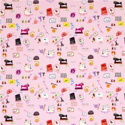 pink designer fabric with sewing machine knittings scissors 2