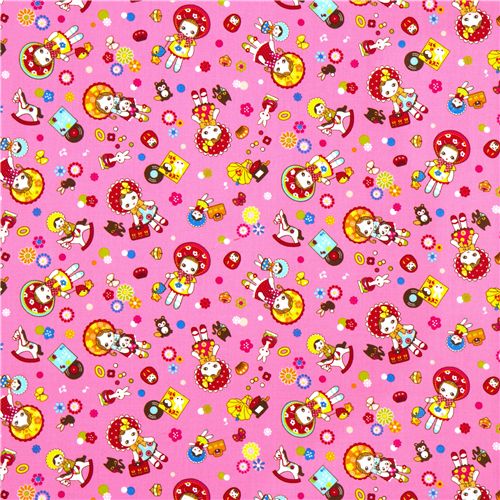 pink dolls fabric with toys animals flowers kawaii 2