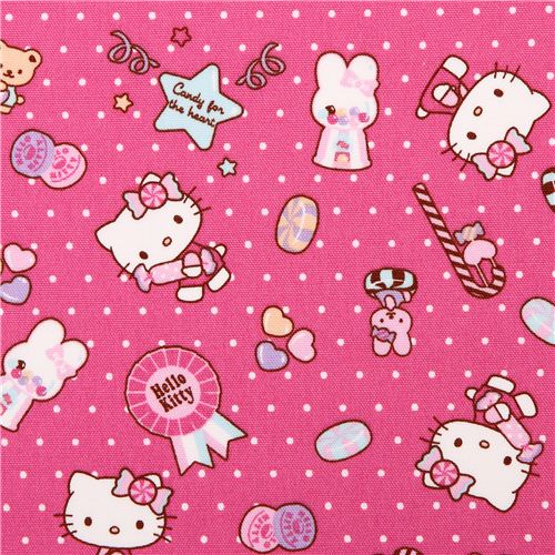 Tissu Oxford rose  pois avec Hello Kitty et des bonbons, par Sanrio Japon
