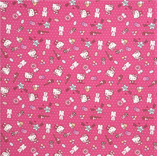 Tissu Oxford rose  pois avec Hello Kitty et des bonbons, par Sanrio Japon 0