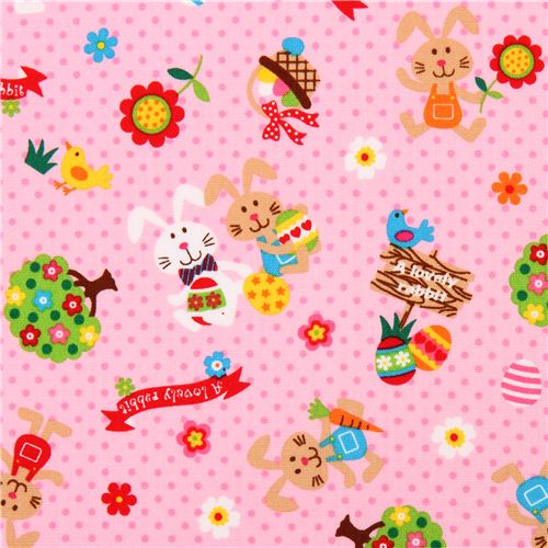 pink dotted rabbit Easter bunny Easter egg flower animal fabric from Japan Fabric