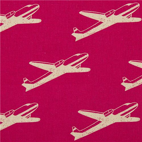 Tissu en popeline Echino rose, avec des avions, Airplane Tissu