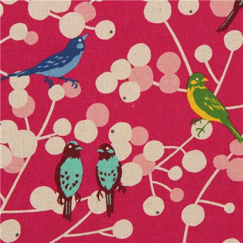 Tela cherry de echino, lienzo rosa con pjaros y bayas  Tela