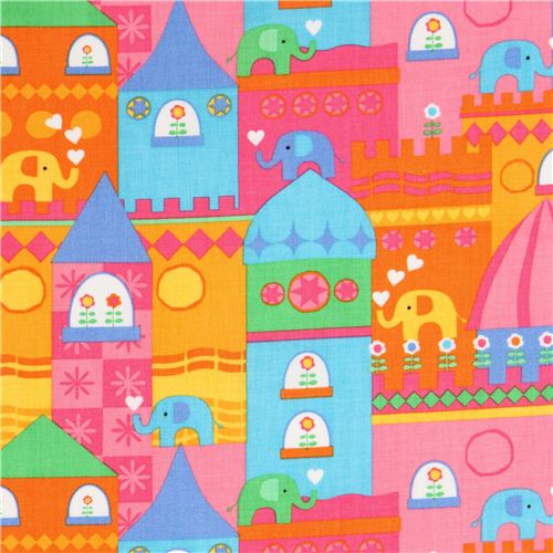 Tissu Timeless Treasures rose avec éléphants et châteaux Tissu