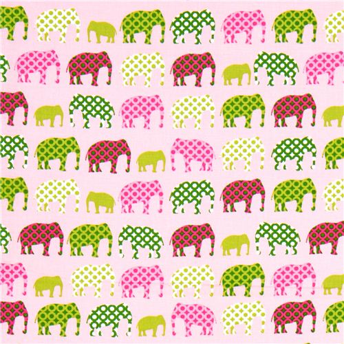 pink fabric with colourful elephants Robert Kaufman 2