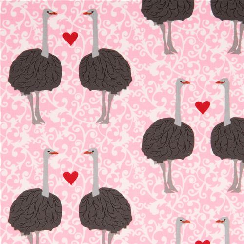 Tissu Robert Kaufman rose avec des autruches amoureuses Tissu