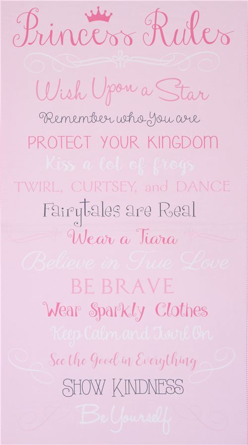Tela rosa con texto normas princesa Princess Rules de Timeless Treasures Tela