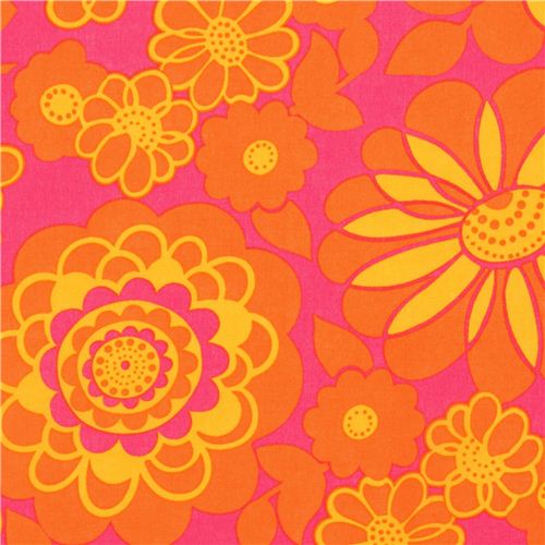 pink flower fabric with orange petals Timeless Treasures Fabric