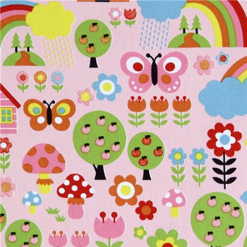 pink flower rainbow glitter Kokka fabric kawaii Fabric