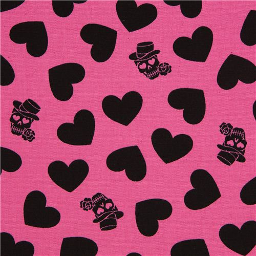 Tissu Oxford Kokka rose avec des coeurs & des crânes Tissu