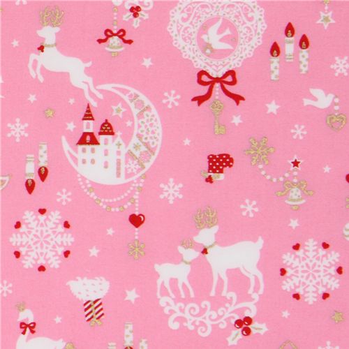 pink kawaii Christmas fabric Bambi bunny glitter Japan 1