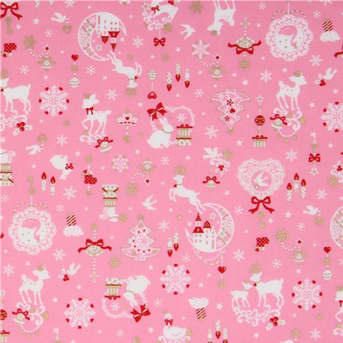 pink kawaii Christmas fabric Bambi bunny glitter Japan 2
