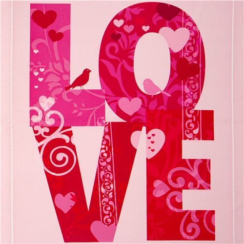 Tissu Robert Kaufman rose, LOVE avec un oiseau et des coeurs Tissu
