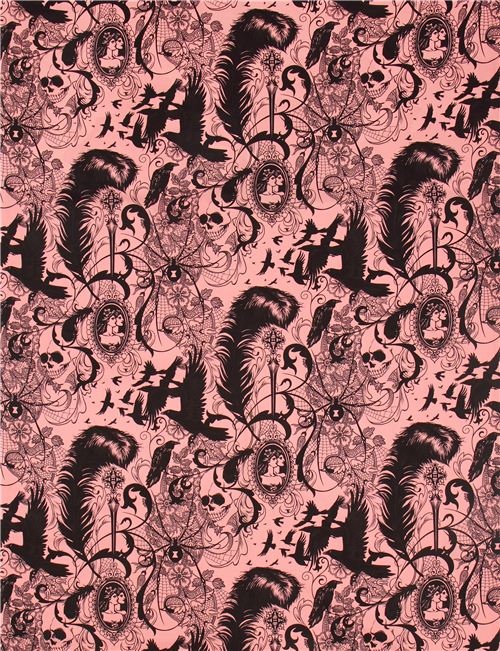 Tissu rose, corbeau, araign�e, t�te de mort, Alexander Henry 0