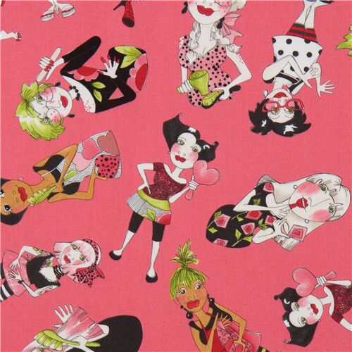 pink retro fabric with fashionable women by Loralie Designs Fabric