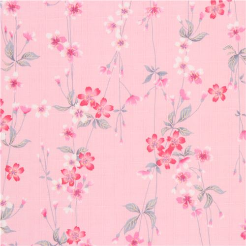 Tissu Dobby rose structur, fleurs de cerisiers roses et blanches, feuilles Tissu