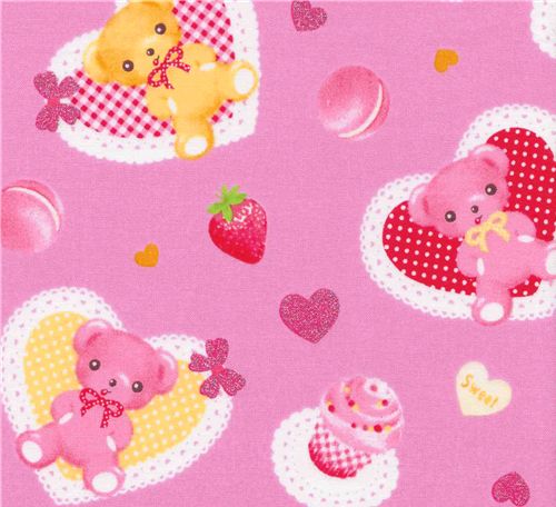 pink teddy bear hearts Japanese fabric Lecien 1