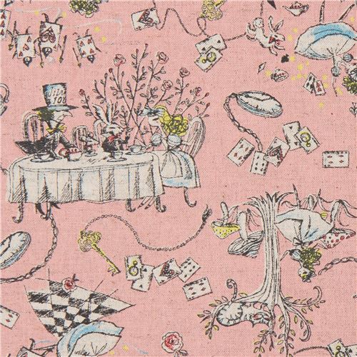 Fat Quarter (50 x 55 cm) - pink with Alice in Wonderland fairy tale Canvas fabric from Japan