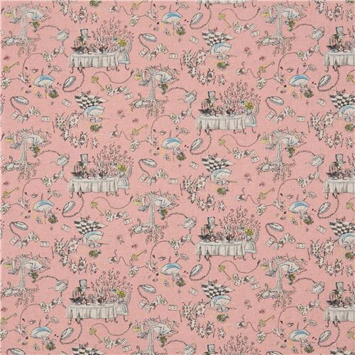 Fat Quarter (50 x 55 cm) - pink with Alice in Wonderland fairy tale Canvas fabric from Japan 2