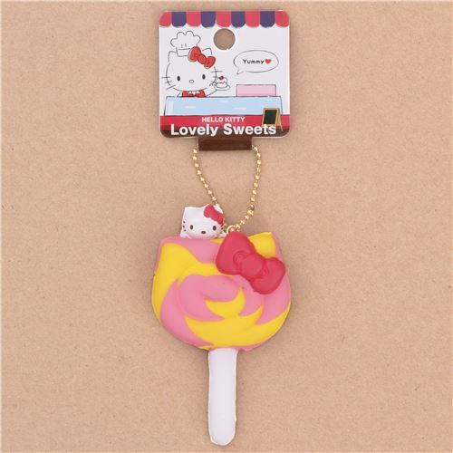 ciondolo squishy Hello Kitty lecca-lecca rosa spirale giallo fiocco rosso 3