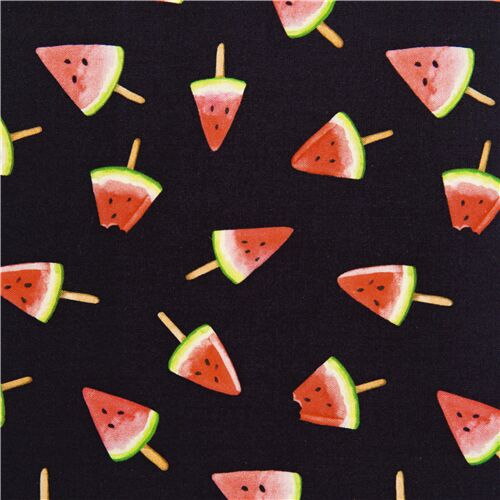 Tissu en coton noir bâtons de popsicle, pastèques, pique-nique Tissu