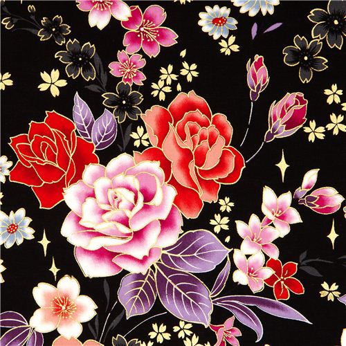 pretty Kokka fabric flowers leaves golden embellishment 1