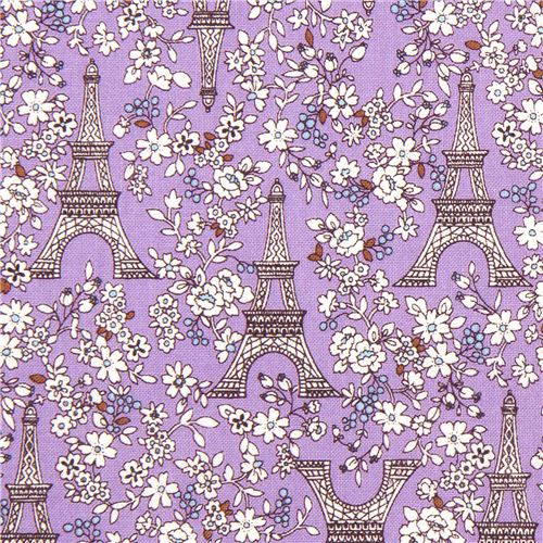 purple Eiffel Tower & flowers Kokka fabric from Japan 1