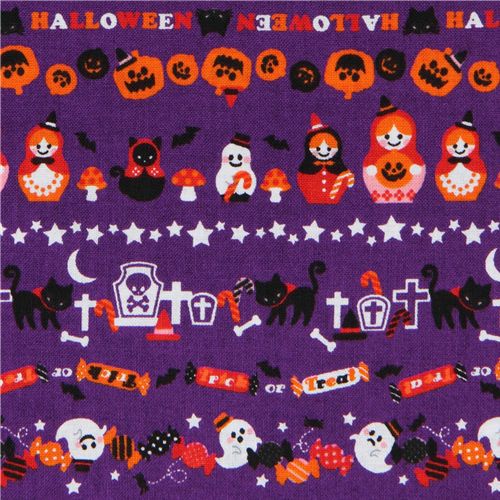 purple Halloween fabric matryoshka witches cat ghosts 1