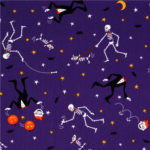 Tessuto viola Halloween con scheletri, Frankenstein e zucche Tessuto
