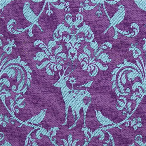 purple Jacquard echino fabric woodland stag deer bird Fabric