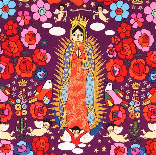 purple Mexican Virgin Mary statue fabric by Alexander Henry Fabric