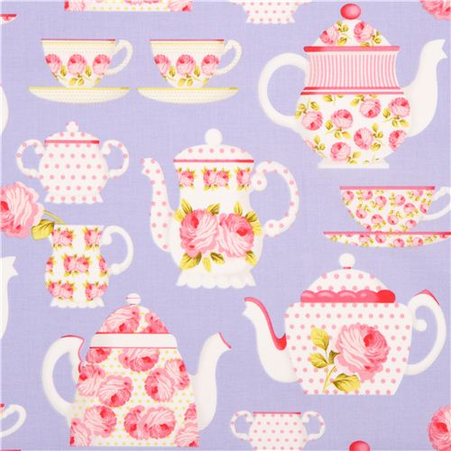Tissu mauve Michael Miller avec théières, tasses, et roses Tissu