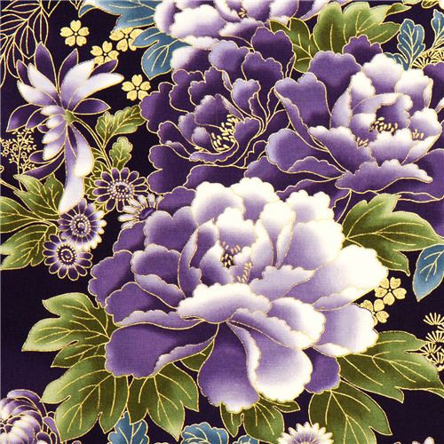 Tela morada de Robert Kaufman con flores asiáticas y bordes Tela