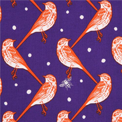 Tessuto rasatello cotone viola atori uccelli echino Decoro  Tessuto