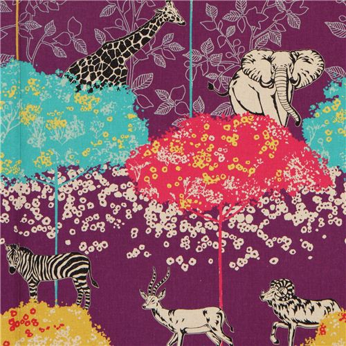 Toile Echino violette avec des animaux de safari, Acacia Tissu