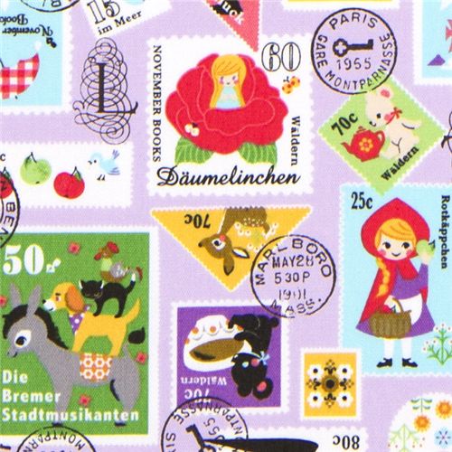 purple fairy tale stamps children fabric by Kokka Tessuto