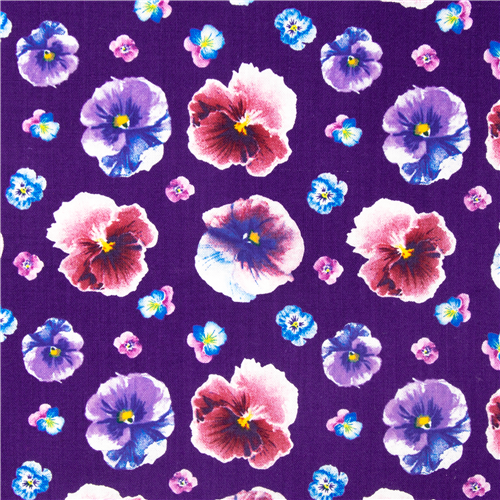 viola floreale tessuto cotone viole del pensiero motivo a griglia colorato Tessuto