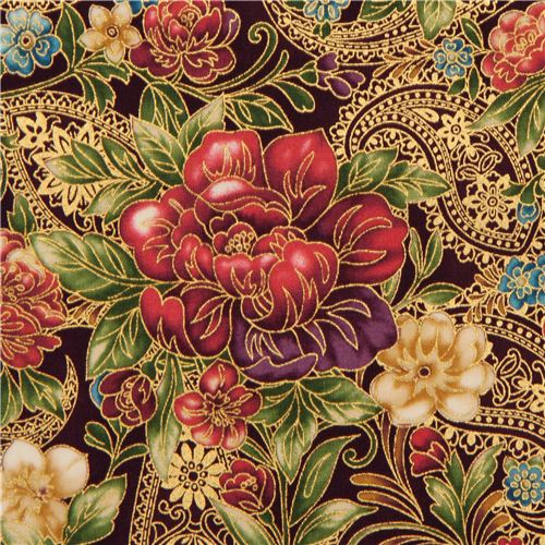 Tissu Robert Kaufman violet avec des fleurs & des dorures Tissu