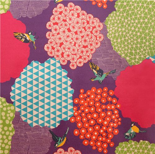purple kalmia echino Canvas laminate fabric bird bush Fabric