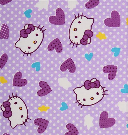 purple kawaii fabric Hello Kitty heads dots 0.5m 1