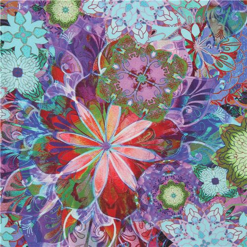 purple lawn fabric with colorful medallion flower by Robert Kaufman Fabric