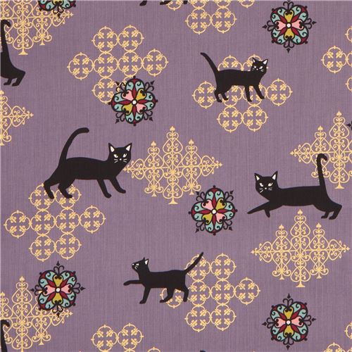Tissu violet avec des chats et des ornements, des dcorations mtalliques dores Tissu