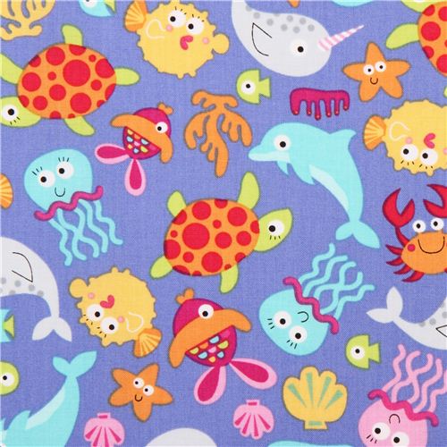Tissu violet avec des baleines, des dauphins, des animaux par Timeless Treasures Tissu