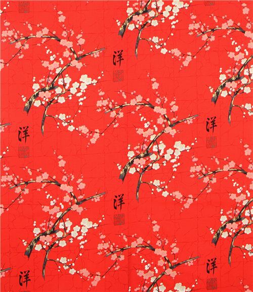Remnant (26 x 114 cm) - red Alexander Henry Japanese flower fabric with gold 2