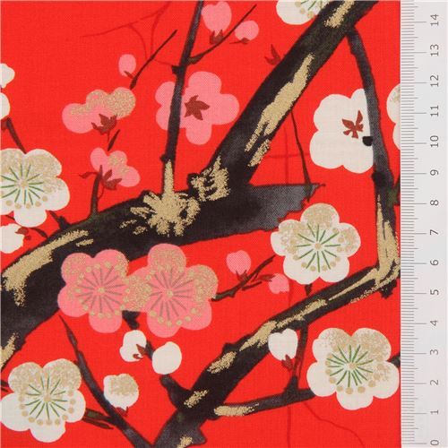 Remnant (26 x 114 cm) - red Alexander Henry Japanese flower fabric with gold 3