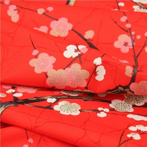 Remnant (26 x 114 cm) - red Alexander Henry Japanese flower fabric with gold 4
