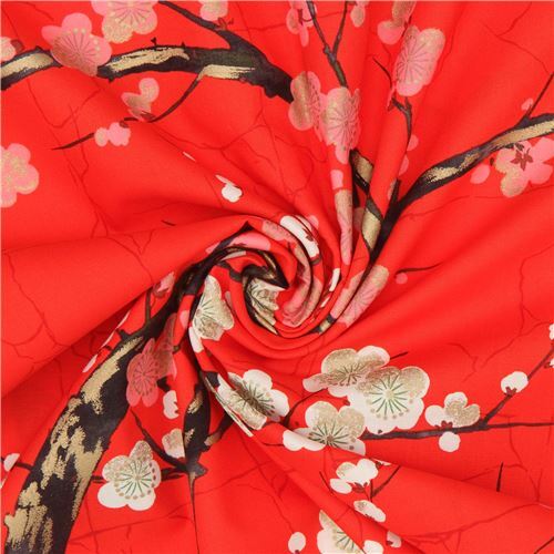 Remnant (26 x 114 cm) - red Alexander Henry Japanese flower fabric with gold 5