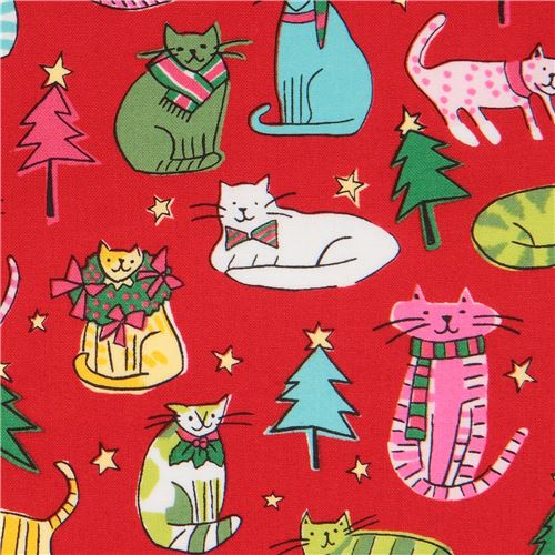 red Alexander Henry fabric Christmas colorful animal Jingle Cats Fabric