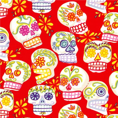 Tissu Alexander Henry rouge avec des têtes de mort décorées Tissu